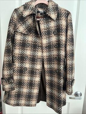 DKNY Black & Cream Plaid Double-Breasted Pea Coat